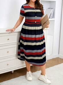 SHEIN LUNE SHEINLUNE Plus Size Women Striped Short Sleeve Knit Casual Dress, Vacation Outfits Woman,Modest Dresses For Women,Airport Outfit For Women,Boho Dress Women,Spring Dress,Resort Wear Women,Club Dress,Tropical Dress,Spring - Red - View 4