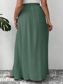 SHEIN LUNE 大码纯色休闲半身裙 - 綠色 - 查看 2