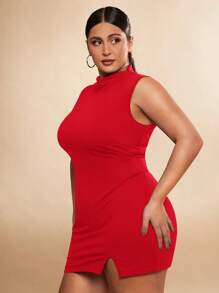 SHEIN BAE Plus Size Women Black Sleeveless Split Hem Elegant Sexy Midi Dress, Suitable For Date, Afternoon Tea, Commute, Wedding, Holiday, Party, Birthday, Valentine's Day, Formal, Gala, Beach, Club Outfits - Red - View 5