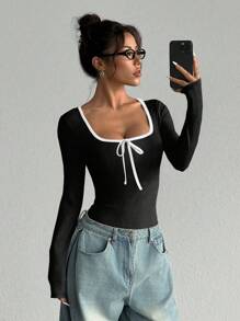 Flirla Bộ đồ liền thân dài tay thắt nơ màu tương phản có viền cổ dành cho nữ, trang phục mặc hàng ngày đa năng - màu đen - Xem 5