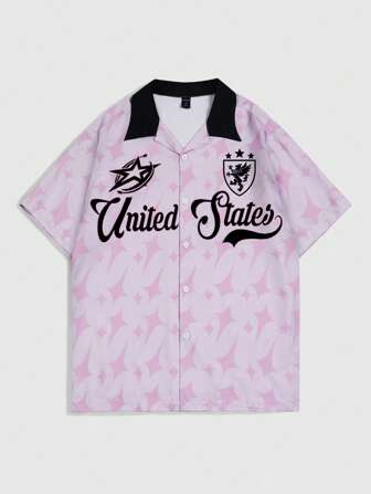 Prep Camicia casual da uomo con stampa di stelle e lettere, a maniche corte, ideale per la primavera e l'estate, adatta per festival