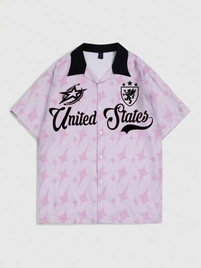 Prep Men's Casual Star & Letter Print Jersey Short Sleeve Shirt, Spring & Summer, Festival