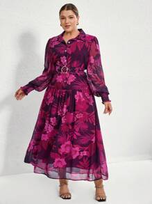Aveloria Modichic Plus Size Elegante Vakantie Stijl Bloemenprint Lange Mouw Revers Kraag Paars Rode Chiffon Jurk Met Riem