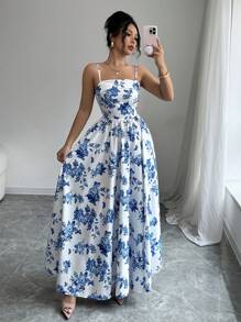 SHEIN Raffinéa Spring/Summer Sleeveless Butterfly Printed Dress, Suitable For Outdoor Activities, Parties, Graduations, Dances And Festivals - Blue and White - View 1