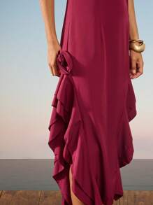 SHE(IN) BRASIL Solid Ruffle Hem Cami Dress - Red - View 3