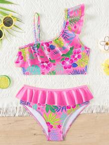 Young Girl's Tropical Print Bikini Set, Beach/Vacation - Pink - View 1