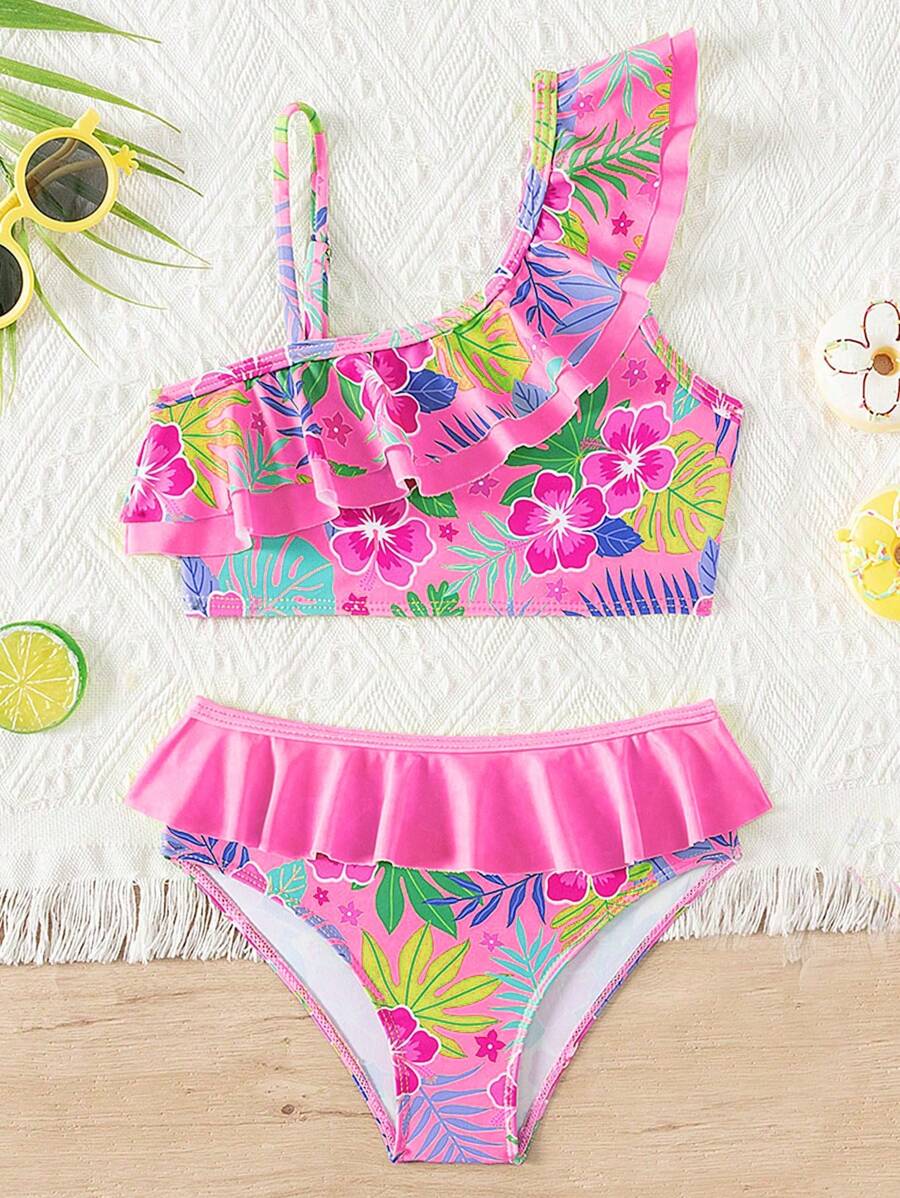Young Girl's Tropical Print Bikini Set, Beach/Vacation - Pink - View 1