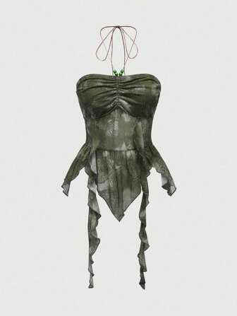 Fairycore Damen asymmetrisches Rüschen-Romantik-Neckholder-Top mit Paisley-Muster, ausgefranstem Saum und Farbverlauf