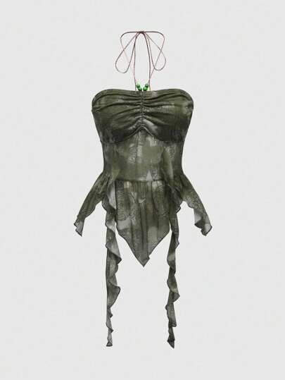 ROMWE Fairycore 女式佩斯利印花不对称下摆露背浸染褶饰浪漫吊带背心