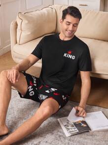 CoupledUp Crown & King 图案印花圆领短袖男式睡衣套装 - 黑色 - 查看 3