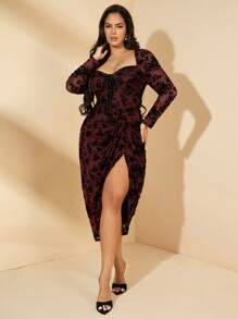 SHEIN BAE Vestido plisado de encaje de manga larga ligeramente transparente y longitud media para mujer de talla grande, adecuado para otoño e invierno, atuendo para fiestas navideñas, atuendos de cumpleaños para mujer, vestidos para vacaciones, vestido ajustado, vestido formal, salida nocturna, vestido de novia, negro, vestido de noche, vestidos de graduación, vestido negro elegante, vestido largo, vestidos de curvas