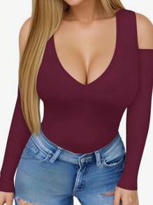 INAWLY 女士休闲纯色露肩长袖 T 恤 - 酒紅色 - 查看 1