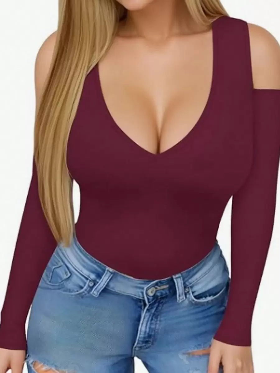 INAWLY 女士休闲纯色露肩长袖 T 恤 - 酒紅色 - 查看 1