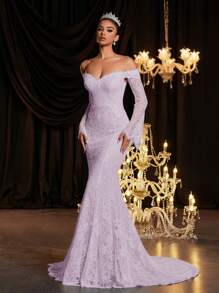 Glamrae Elegant Luxurious Off Shoulder Flared Elastic Lace Sexy Sheer Backless Mermaid Hem Maxi Dress, Suitable For Wedding, Party, Holiday, Graduation Season, Bride - Mauve Purple - View 1