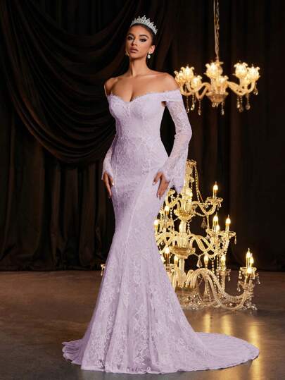 Glamrae Elegant Luxurious Off Shoulder Flared Elastic Lace Sexy Sheer Backless Mermaid Hem Maxi Dress, Suitable For Wedding, Party, Holiday, Graduation Season, Bride