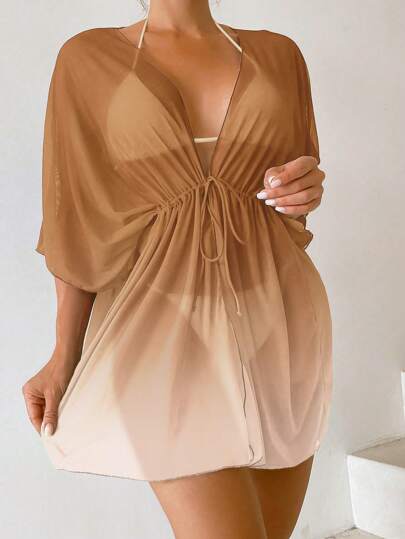 SHEIN Swim 渐变色抽绳腰部蝙蝠袖透明和服罩衫，适合度假和海滩
