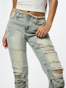 SUMWON WOMEN Ultra Distressed Ripped High Rise Denim Jeans Wide Leg Raw Hem Vintage Style Y2K Grunge Aesthetic Frayed Destroyed Pants Fall Winter Festival Fashion - Blue - View 5