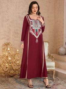 Al Najma Women's Spring/Summer Retro Pattern Turkish Kaftan & Arabic Traditional Long Robe,Modest - Burgundy - View 5