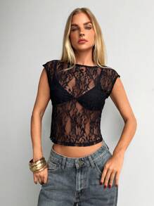 Aloruh 女士优雅圆领透明蕾丝短袖 T 恤 - 黑色 - 查看 5