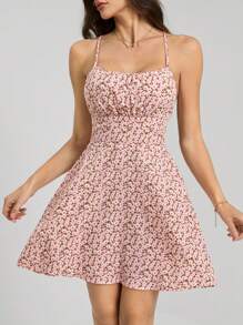 SHEIN Tall Floral Printed Cross Lace-Up Backless Cami Dress, Summer