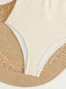 Swim Mod New Textured Wave Print Shell Rope Tie Halter One-Piece Swimsuit For Women, Beach Summer Outfits - Beige - View 7