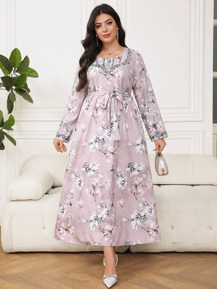 Al Najma Plus Size Women's Floral Pattern Cinched Waist Arabian Dress,Modest - Multicolor - View 1