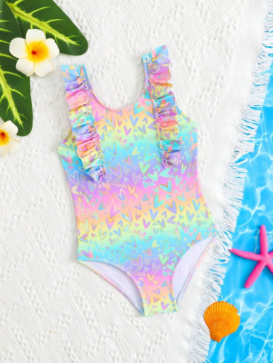 SHEIN Young Girls Cute Ruffled Tropical Floral Print One-Piece Swimsuit, Tie Dye Pink Beachwear, Swimming, Beach Wear Summer Holiday - Multicolor - View 1