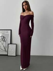 Aloruh 浪漫露肩网眼扭褶修身长袖女式连衣裙 - 紫羅蘭色 - 查看 6