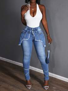 Slaydiva Street Style Patchwork 2 In 1 Skinny Jeggings For Women - Blue - View 6