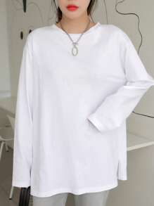 DAZY Solid Drop Shoulder Tee,Fall Clothes Long Sleeve Women Tops - White - View 5