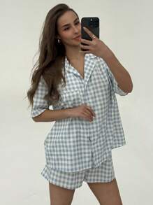 Aloruh Set de 2 piezas de shorts y camisa de manga corta a juego con estampado a cuadros, cómodos para el hogar