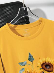 INAWLY Plus Size Heart And Sunflower Print Short Sleeve T-Shirt, Casual For Spring/Summer - Mustard Yellow - View 3