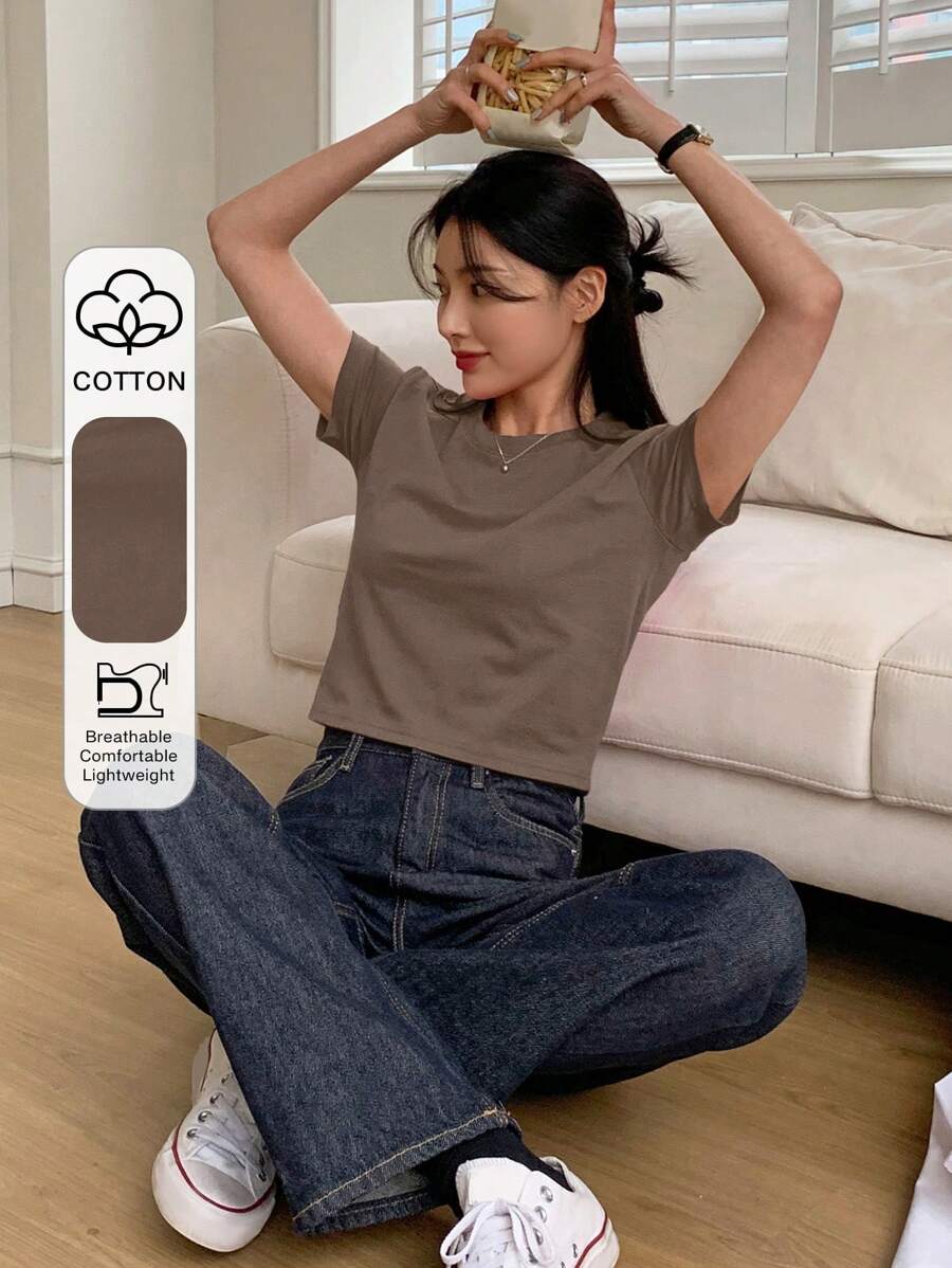 DAZY Áo thun nữ cổ tròn tay ngắn màu trơn phong cách đơn giản phù hợp mọi trang phục, mặc thường ngày mùa hè - màu nâu - Xem 1