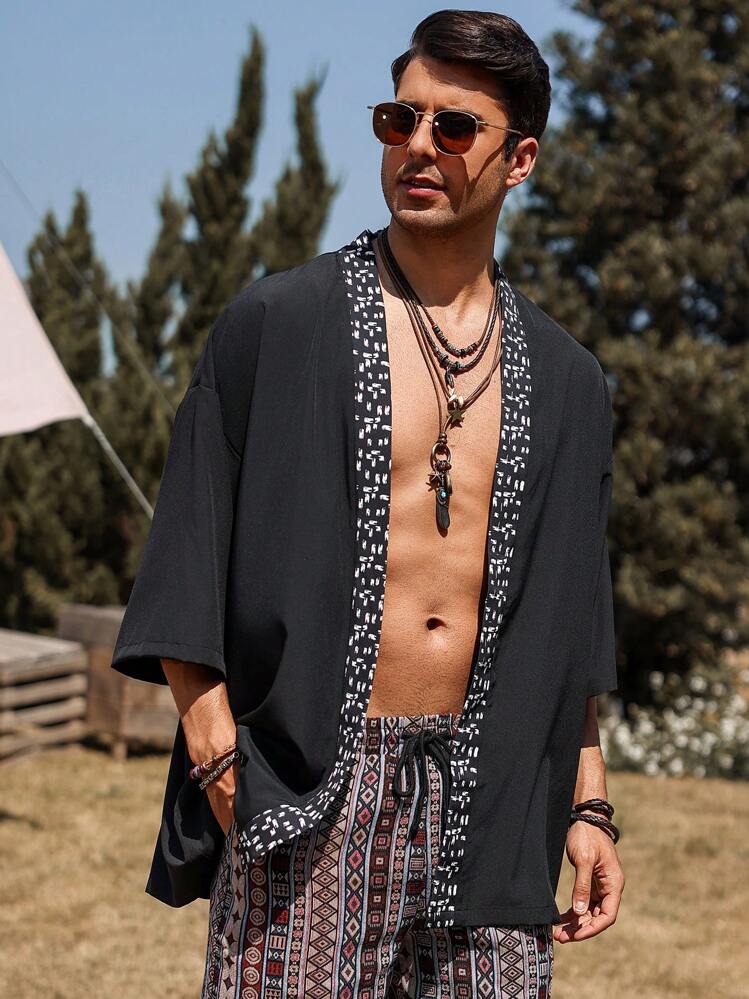 Manfinity RSRT Men's Vacation Print Patchwork Kimono Shirt - Black - View 7