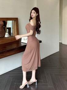 DAZY Off Shoulder Solid Ruched Side Mesh Overlay Homecoming Dress Elegant Sundress,Dress For Wedding,Back To School Clothes - Dusty Pink - View 3