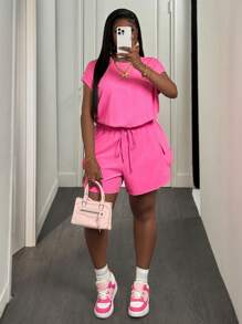 Slaydiva 新款春夏休闲基础款圆领盖袖宽松常规T恤+侧立体工装口袋装饰七分裤短裤粉色纹理针织面料女加大两件套-B - 粉色 - 查看 4
