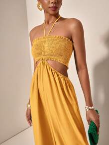 Slaydiva Women's Vacation Solid Color Shirred Waist Hollow Out Halter Wide Leg Jumpsuit - Yellow - View 7