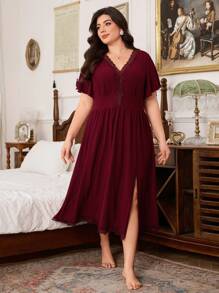 Trezura 大码女式蕾丝 V 领休闲提花束腰喇叭袖睡袍 - 酒紅色 - 查看 4