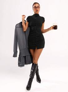 SHEIN BAE 女士秋季服装纯色立领侧褶修身短袖单排扣休闲女式上衣纽扣领女式针织连衣裙办公室服装，春装 - 黑色 - 查看 4