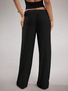 SHEIN BAE Quần ống rộng đơn giản, rộng rãi, màu vải lanh màu mơ cho nữ, cạp thấp, mặc hàng ngày, đi nghỉ và đi làm - màu đen - Xem 2