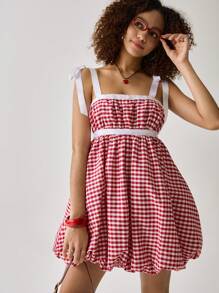 Easelle Women's Sweet Casual Vacation Red & White Checkered Bow Knot Mini Dress, Spring/Summer - Red and White - View 6