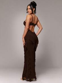 Silquee Váy dài hở lưng hở lưng màu đỏ thanh lịch gợi cảm cổ chữ V không tay nhiều lớp viền xếp nếp, nút kim loại trang trí hoa, thích hợp cho tiệc cocktail, hẹn hò lãng mạn, váy lưới đan, tiệc tùng, tụ họp trang trọng, váy phù dâu, đi chơi buổi tối, Halloween, Giáng sinh, váy siêu dài - Cà phê nâu - Xem 3