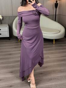 Modelyn Off Shoulder Long Sleeve Bodycon Asymmetrical Hem Mesh Overlay Elegant Dress - Purple - View 3