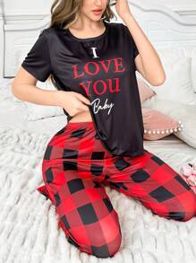 Conjunto de ropa de dormir para pareja con texto en inglés y diseño de cuadros de colores bloqueados - Multicolor - Ver 6