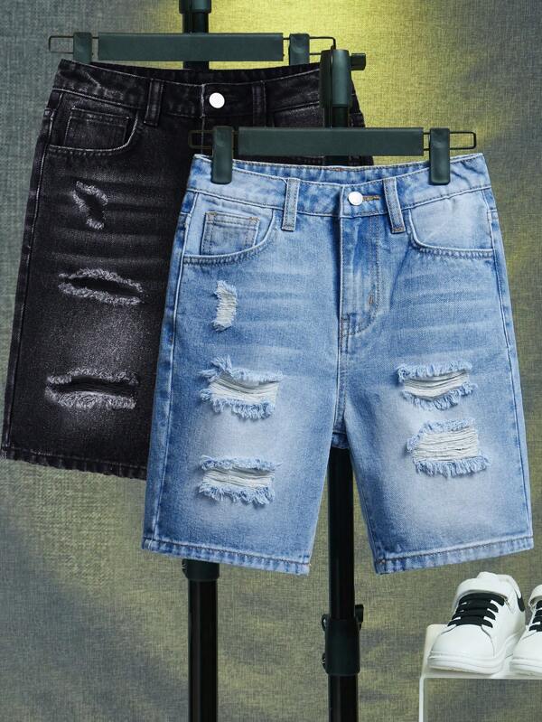 SHEIN Conjunto de 2 piezas para niño preadolescente: Shorts vaqueros con diseño desgarrado, recortado y desgastado en azul y negro en estilo casual Y2K para disfraz, uso diario y ropa de verano para niños