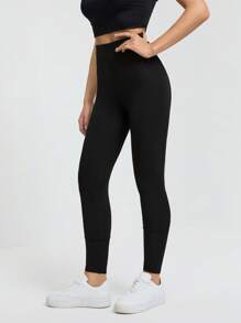 SHEIN Tall Solid Color Casual Sports Knitted Tight-Fitting High-Elastic Wide Ribbed Textured Leggings For Women - Black - View 3