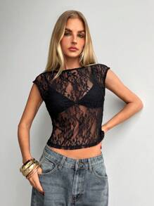 Aloruh 女士优雅圆领透明蕾丝短袖 T 恤 - 黑色 - 查看 8
