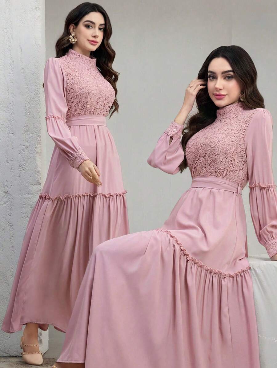 Women's Contrast Lace Long Sleeve Ruffle Hem Elegant Dress - Pink - View 1