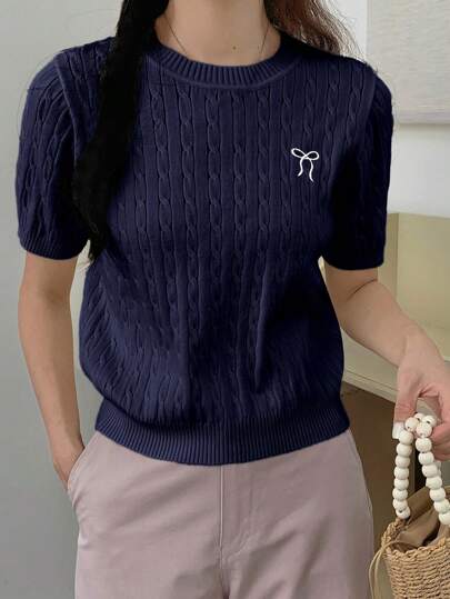 DAZY 女士休闲蝴蝶结刺绣短袖针织上衣