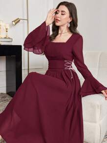 Modelyn Đầm voan dài tay loe buộc eo thanh lịch cho nữ, Xuân/Hè - Màu Đỏ Sâu - Xem 1